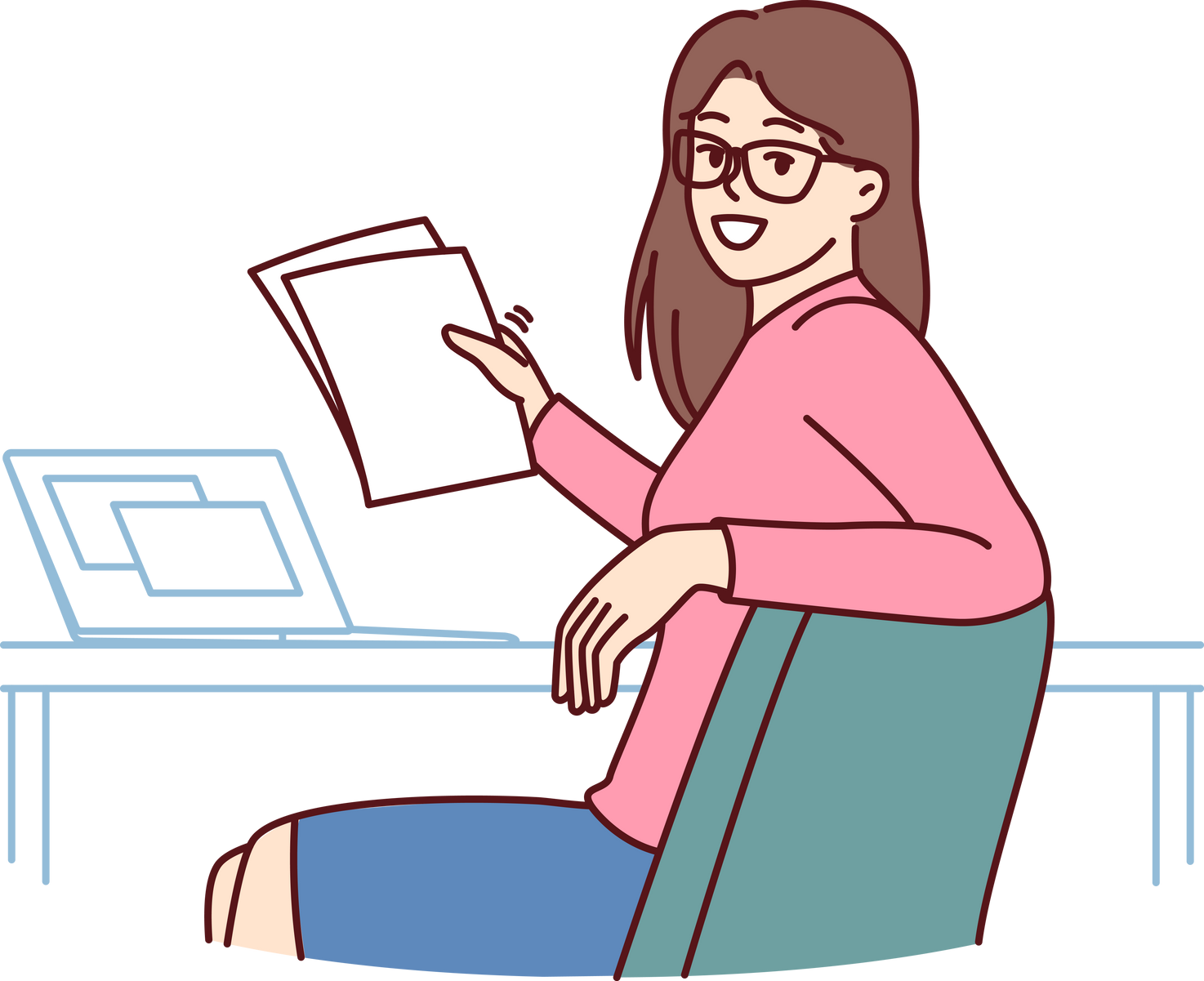 Successful Woman Office Worker with Papers and Sits at Table with Laptop Making Career as Accountant